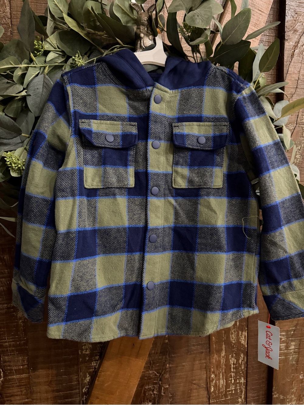 Cat & Jack Olive Green and Navy Plaid Hooded Shirt Jacket
